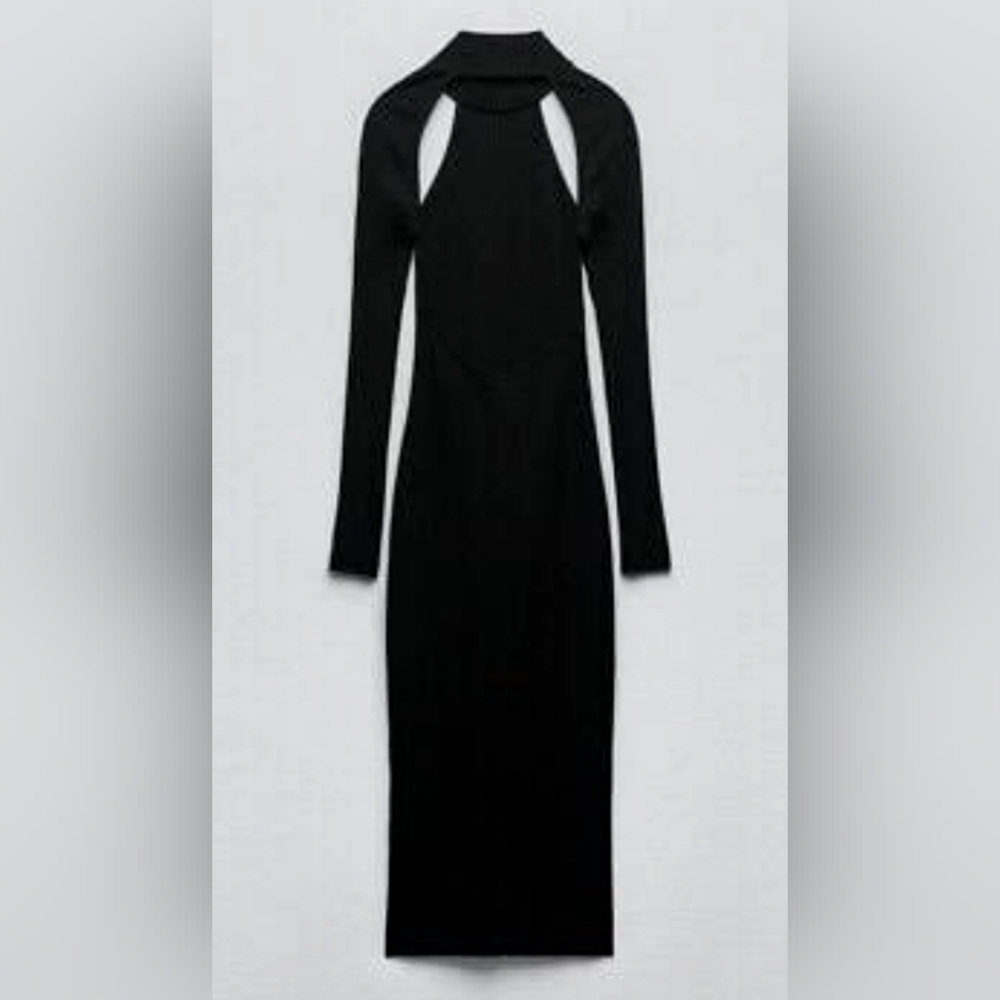 Zara Black Ribbed Long-Sleeve Cutout-Back Dress -NWT - Picture 3 of 6